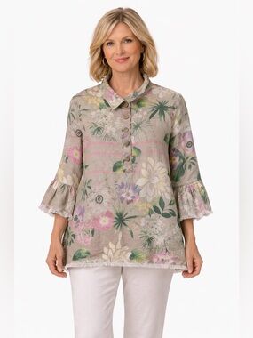 John Mark 100% Linen Floral Button Front Top L Boho Cottagecore Frayed Sleeve